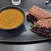 Tomato soup and hummus salad sandwich at HIVE in Blackpool