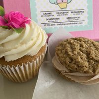 Vanilla cupcake (left) and oatmeal sandwich cookie (right)  at The Flying Cupcake - Massachusetts Ave in Indianapolis
