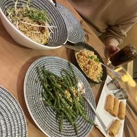 Vegan spring rolls, cold noodles, cauliflower fried rice and garlic green beans.  at Mandalay Bay Hotel - Noodle Shop in Las Vegas