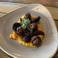 Smoked bbq soya meatballs on sweet potato pureé  at Ravintola Ehta in Kuopio