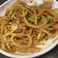 Yakisoba noodles in tangy sauce (tasted like ketchup to me)  at LHR - YO! Sushi - T3 in West London