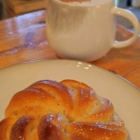 Vegan cardamom brioche and chai latte, both spectacular  at Picnic in Sagres