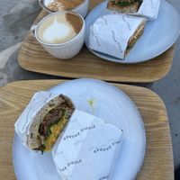 Muhammara Sandwich (top), Crispy Eggplant Sandwich (bottom), Chai Oat Latte and Dirty Chai Oat Latte  at Picnic in Sagres