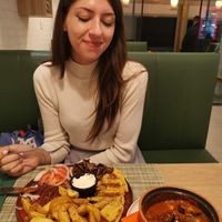 enjoying life! gyros and baked feta and aubergine at Veganissimo in Santorini