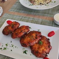 second day - tomato fritters and carbonara at Veganissimo in Santorini