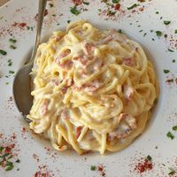 Carbonara €14.00 at Veganissimo in Santorini