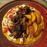 Mushroom souvlaki with tzatziki sauce €8.00 at Veganissimo in Santorini