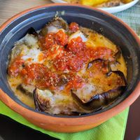 Eggplant with feta and tomatoes at Veganissimo in Santorini
