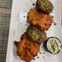 Tomatokeftedes and courgette version  at Veganissimo in Santorini