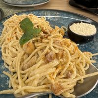 Vegan Carbonara 🤤- would eat this everyday   at Veganissimo in Santorini