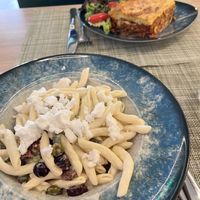 Pasta and moussaka   at Veganissimo in Santorini