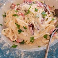 Carbonara at Veganissimo in Santorini