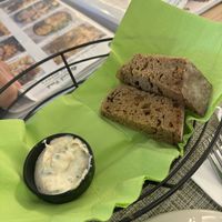 Brought to the table free of charge. Bread with coleslaw  at Veganissimo in Santorini