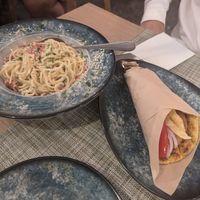 Carbonara, chicken souv at Veganissimo in Santorini