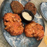 Homemade zucchini and tomato balls  at Veganissimo in Santorini