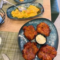tomato fritters and fava beans at Veganissimo in Santorini
