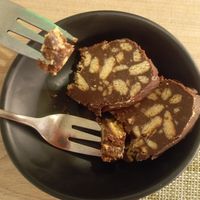 Chocolate sausage at Veganissimo in Santorini