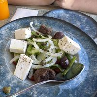 Greek salad with vegan feta  at Veganissimo in Santorini