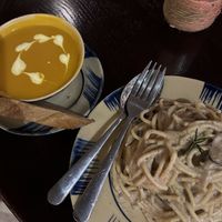 Pumpkin soup and creamy spaghetti (so good!!)  at Thong Dong Vegan Kitchen & Cafe in Lao Cai