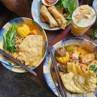 Thong dong noodle soup, fried spring rolls, mango mylkshake at Thong Dong Vegan Kitchen & Cafe in Lao Cai