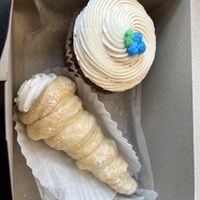 Pastry horn and blueberry pancake cupcake  at Wild Oats Bakery and Cafe in Brunswick