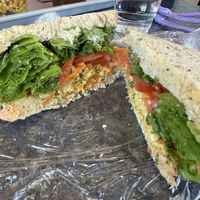 Tempeh salad sandwich on seed bread  at Wild Oats Bakery and Cafe in Brunswick