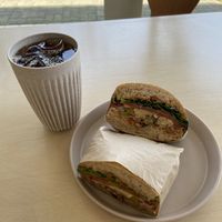 Grilled veggies and cheese sandwich + iced coffee at CHEESYLAZY in Jeju