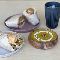 BBQ tofu sandwich, grilled veggies sandwich, pumpkin sweet potato soup and house brewed kombucha  at CHEESYLAZY in Jeju