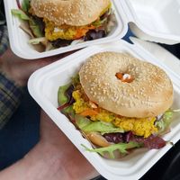 Curried chickpea on sesame bagels at The Book Nook in Stirling