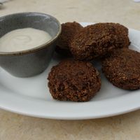 NOYA falafel made in-house (chickpeas with plenty of herbs, oriental spices, and tahini dip) (vegan) at Noya in Saarbrucken