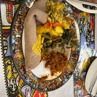 Vegetarian plate with teff flour bread. Very tasty!  at Ethio Beans Ethiopian Restaurant and Cafe in Carol Stream