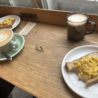 Vegan eggs on toast. Chai latte and oat lattee  at COYOTE in Kyoto