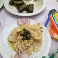 Humus and (delicious) vine leaves at Blue Grotto in Paxos