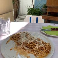 Vegan spaghetti with some type of vegan fake meat and cheese  at Blue Grotto in Paxos