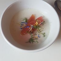 Dessert - rhubarb pannacotta- part of five course set menu at Gro in Oerebro