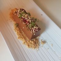 Dessert, chocolate mousse with toasted cookie crumble, raspberry coulis - part of five course set menu at Gro in Oerebro