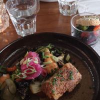 Lunch of crispy fried tofu with sriracha mayo and baked suede at Gro in Oerebro