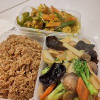 Fried rice, stir fried veg and vegan chicken satay at Wawin Vegan Chinese in Sheffield