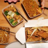 Singapore fried rice, beef chow mein, tofu in black bean sauce and salt & pepper pitta and tofu at Wawin Vegan Chinese in Sheffield