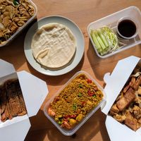 Duck wraps, flat rice noodles, salt and pepper tofu and Singapore fried rice at Wawin Vegan Chinese in Sheffield