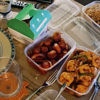 Szechuan tofu, “honey” and chilli vegan chicken, fried rice and salt and pepper chips   at Wawin Vegan Chinese in Sheffield