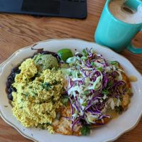 Chilaquiles and "dirty" chai latte. at Kitchen Mouse the Bakery in Los Angeles