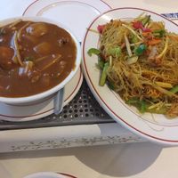Veggie curry and veganised Singapore noodles. at Phoenix Cantonese in Lincoln