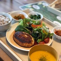 Burger patty lunch set. at Soy Cafe Soyyuu - 大豆カフェそいゆう in Kyoto