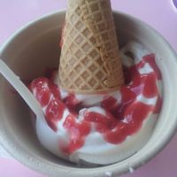 Vegan vanilla soft serve with natural strawberry sauce at Sweet Ritual in Austin