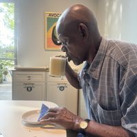 My sweet father in-law with a wonderful lavender mint oat milk herbal tea.   at Flour + Time Bakery in Atlanta