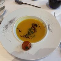 Pumpkin soup with bread and olive spread  at Dappers Hotel in Bad Kissingen