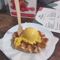 Waffle with mango sorbet at Organic in Amsterdam
