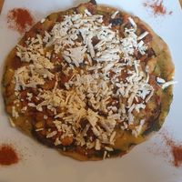 Vegan pizza with mushroom, aubergine, pesto and some kind of soy meat at Lenteja Express - Poblado in Medellin