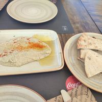 hummus, pita at Manolis Restaurant in Rhodes
